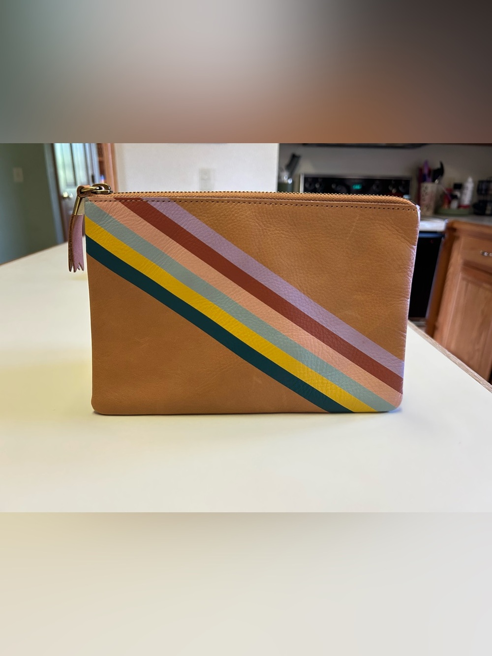 NWT Madewell Leather Cosmetic Pouch in Tan with Multicolor Stripes